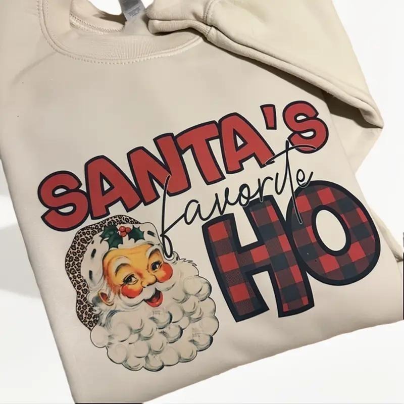 Santa's Favorite Ho Ho Ho Sweatshirt, Trendy Womens Santa Christmas Sweatshirt Cotton Clothes T-Shirts, Hoodie