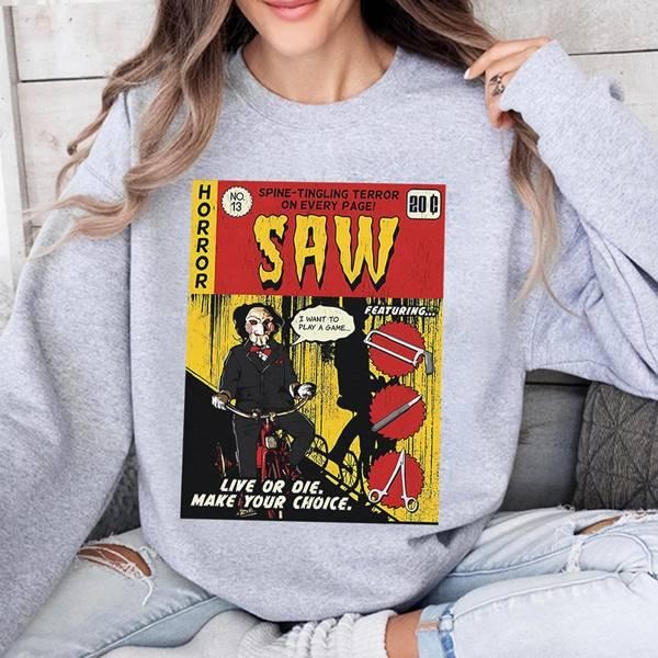 Saw Comic Shirt Jigsaw Horror Movie Shirt The Jigsaw Killer Horror Halloween Shirt Spooky Season Shirt Hoodie, Sweatshirt