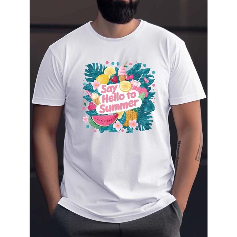 Say Hello To Summer And Leaves Watermelon Print Men's Summer Casual Crew Neck T-shirt With Comfy Short Sleeves,...