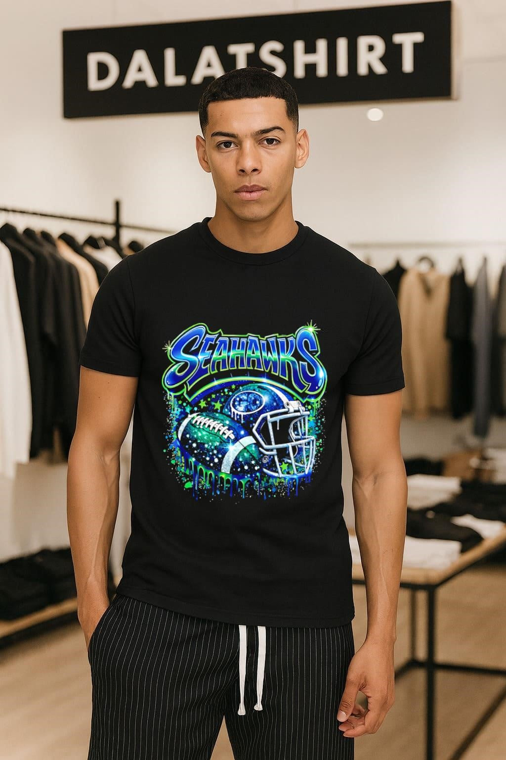 Seahawks Go Football Helmet and Ball Blue Green Drip Sparkle shirt