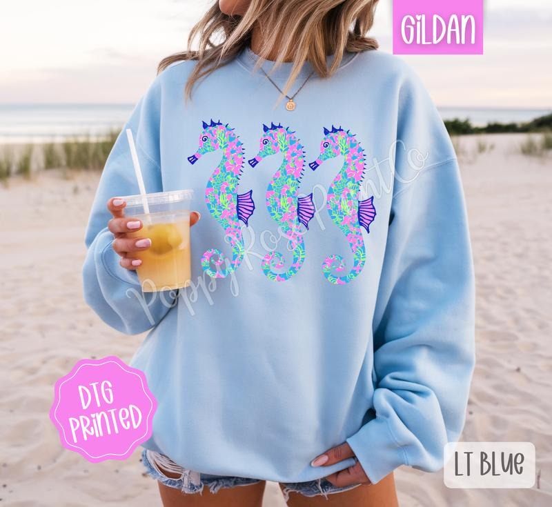 Seahorse Trio Sweatshirt, Cute Women's Beach Sweater, Trendy Summer Crewneck, Gift for Her T-Shirts, Hoodie | TeeBloomCo.com