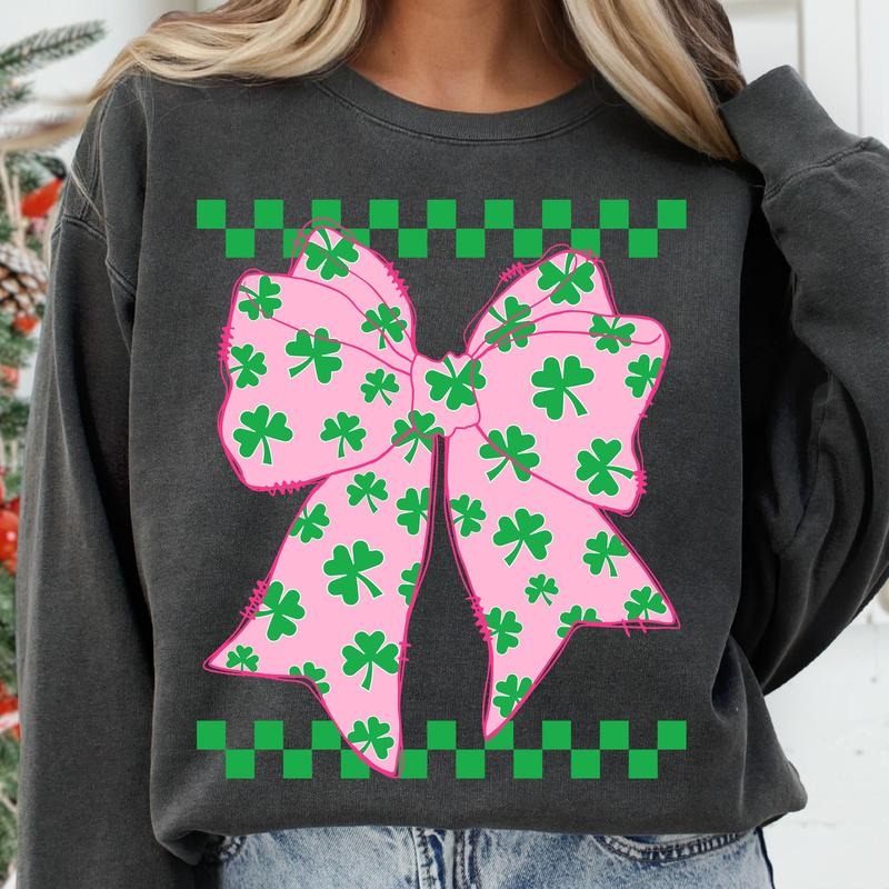 Shamrock Coquette Bow St Patrick's Day Sweatshirt, Retro Checkered St. Patrick's Day Shirt, Lucky Shamrock Shirt Hoodie