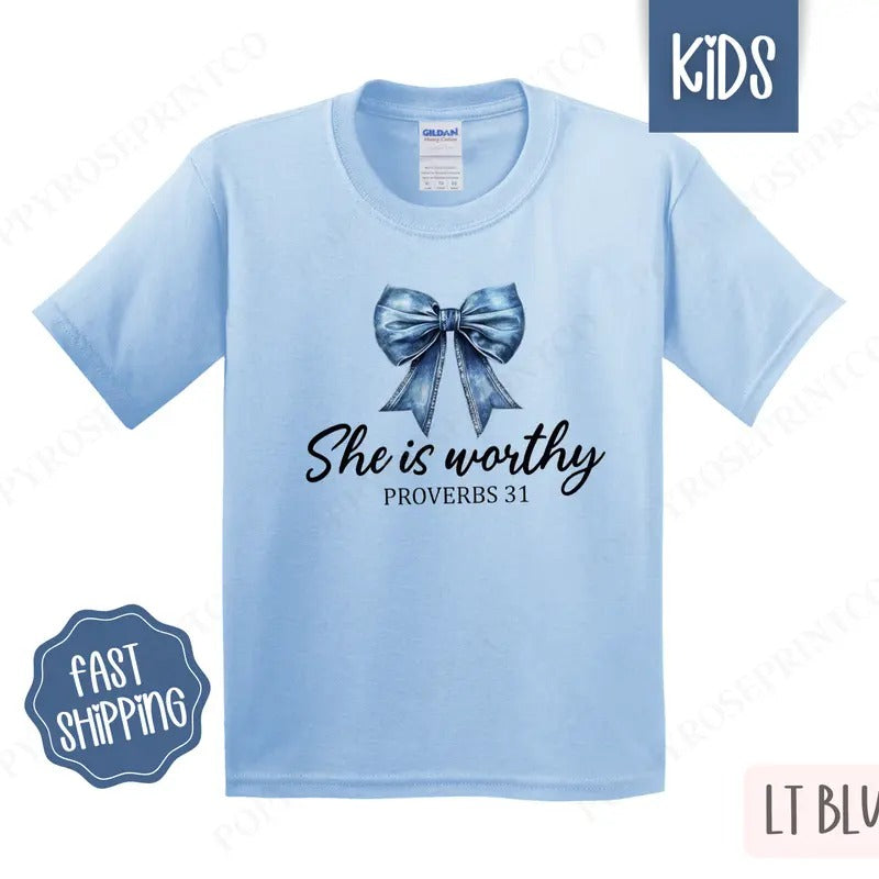 She is Worthy Jean Bow Kids Shirt - Christian Coquette Children's Tshirt