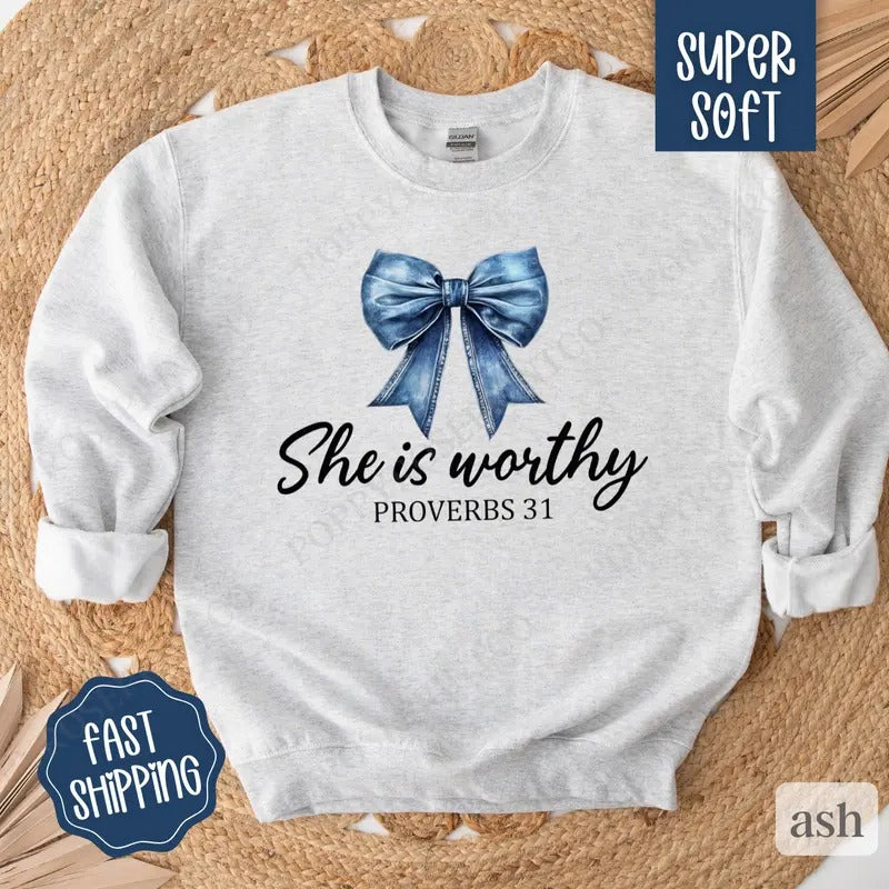 She is Worthy Jean Bow Sweatshirt, Christian Coquette Crewneck, Trendy Women's Sweater T-Shirts, Hoodie | TeeBloomCo.com