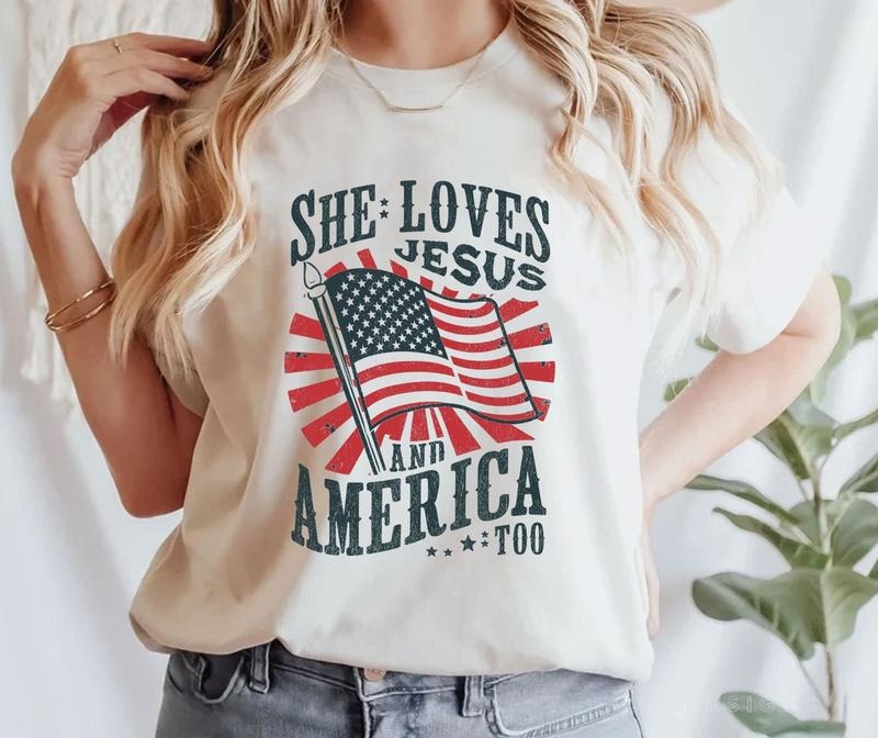 She loves Jesus and America Too Shirt, Christian Shirt, 4th of July Shirt Hoodie, Sweatshirt | TeeBloomCo.com