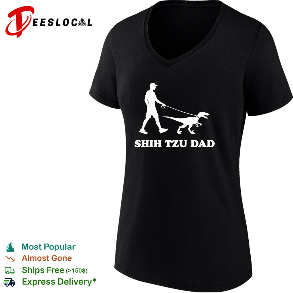 Shih Tzu Dad man walking velociraptor dinosaur on leash humor silhouette shirt