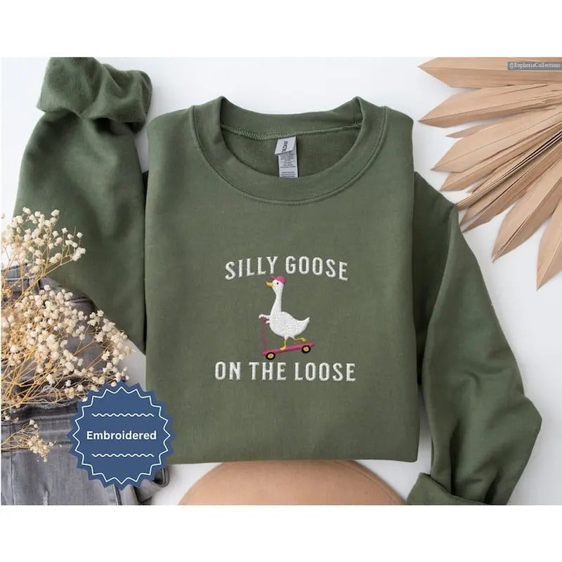 Silly Goose Embroidered Sweater, Hoodie, Tee, Embroidery Goose Vintage Retro 90s Crewneck Sweatshirt Funny Shirt Gift ,...