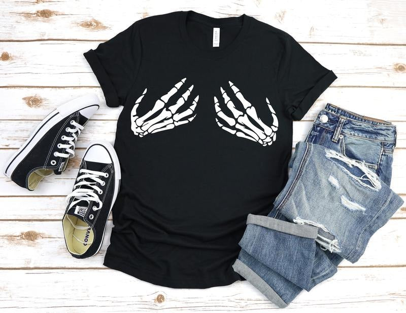 Skeleton Hands Shirt Halloween Shirthalloween Shirt For Womanfunny Halloween Shirthand Bra Shirttrick Or Treat...