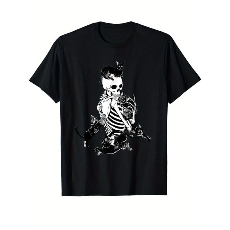 Skeleton Print Men's Cotton T-shirt, Graphic Tee Men's Outdoor Clothes, Men's Halloween Clothing, Casual Short Sleeve...