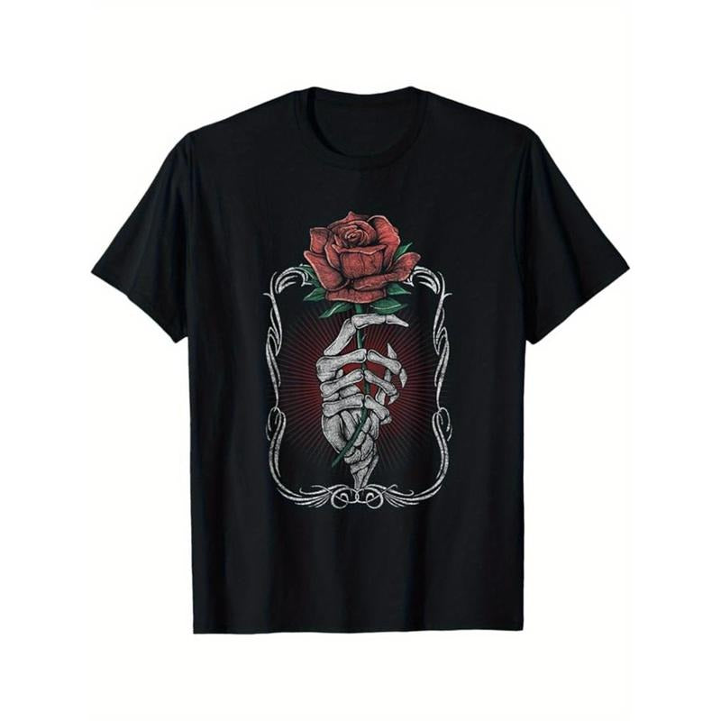 Skeleton Print Men's Cotton T-shirt, Graphic Tee Men's Outdoor Clothes, Men's Halloween Clothing, Casual Short Sleeve...