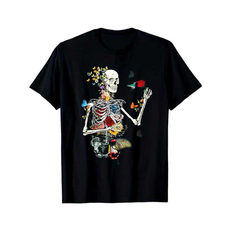 Skeleton Print Men's Cotton T-shirt, Graphic Tee Men's Outdoor Clothes, Men's Halloween Clothing, Casual Short Sleeve...