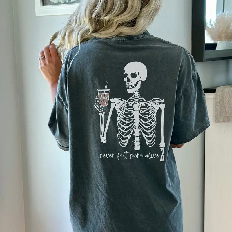 Skeleton Shirt Skeleton Coffee Shirt Trendy Halloween 2023 Shirts Skeleton Halloween Shirts Plus Sized Halloween...