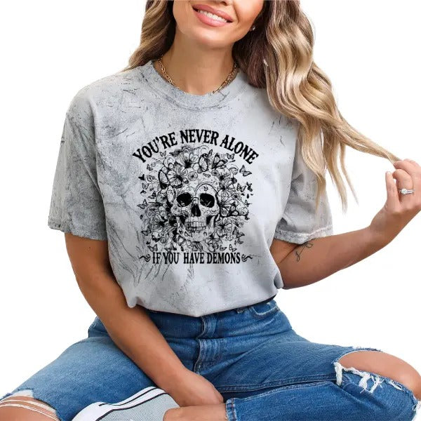 Skull Graphic 'You Are Never Alone With Your Demons' Garment Dyed T-Shirt | Alternative Grunge Aesthetic | Sizes S to 5XL...