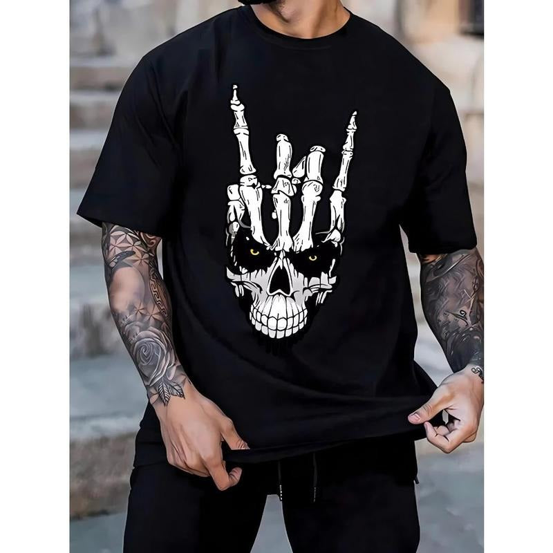Skull Hand Print Tee Shirt, Tee For Men, Casual Short Sleeve T-shirt For Summer Spring Fall, Tops As Gifts Made in USA...