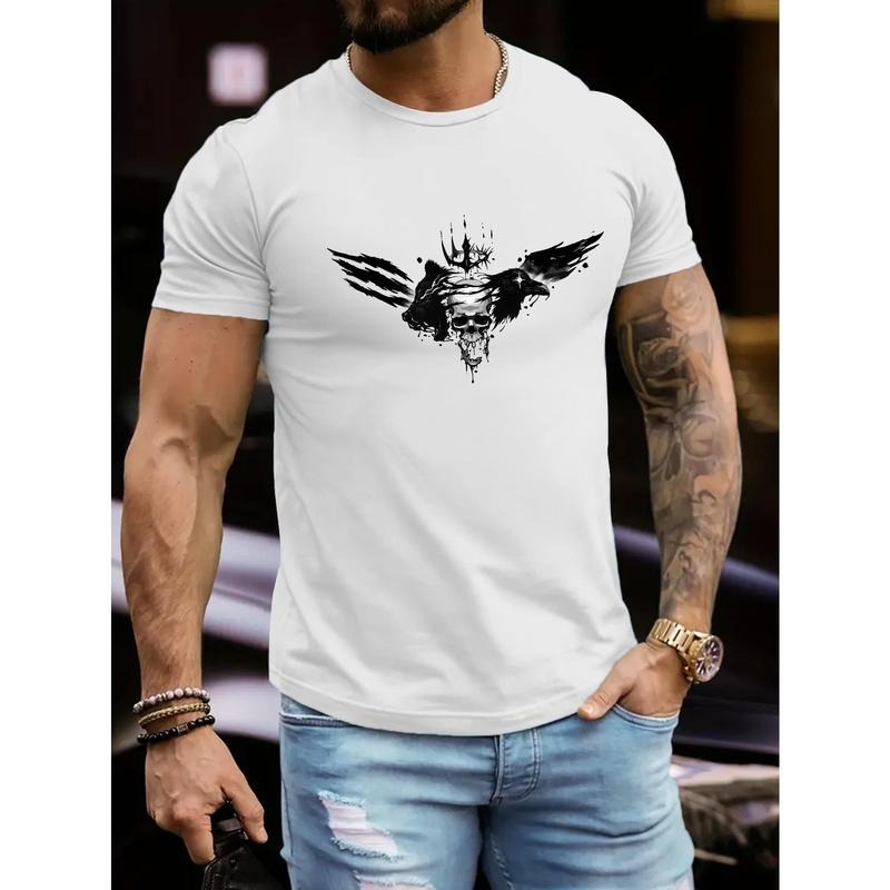 Skull Print, Men's Crew Neck Short Sleeve T-shirt, Stylish & Trendy & Cozy For Casual Summer Wear Made in USA Hoodie,...
