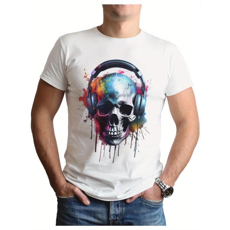 Skull earphone print men's fashion T-shirt, men's T-shirt, trendy cotton short-sleeved top, crew neck comfortable...