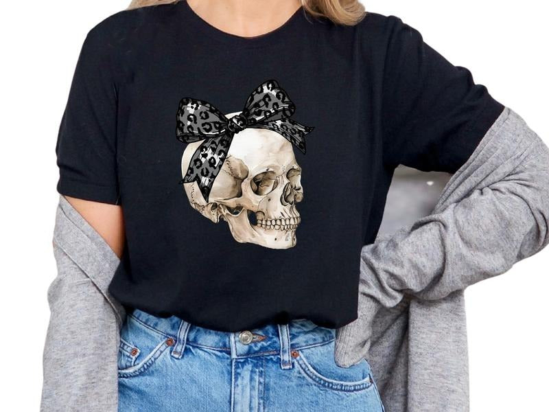 Skull with Cheetah Bow Women's Top, Graphic Shirt, Skull Shirt, Tie Dye Shirt, Casual Cotton Shirt for Women, Graphic...