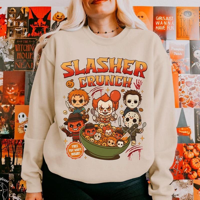 Slasher Crunch Horror Sweatshirt, Slasher Crunch Hoodie, Halloween Cereal Box Sweatshirt, Horror Character Breakfast...