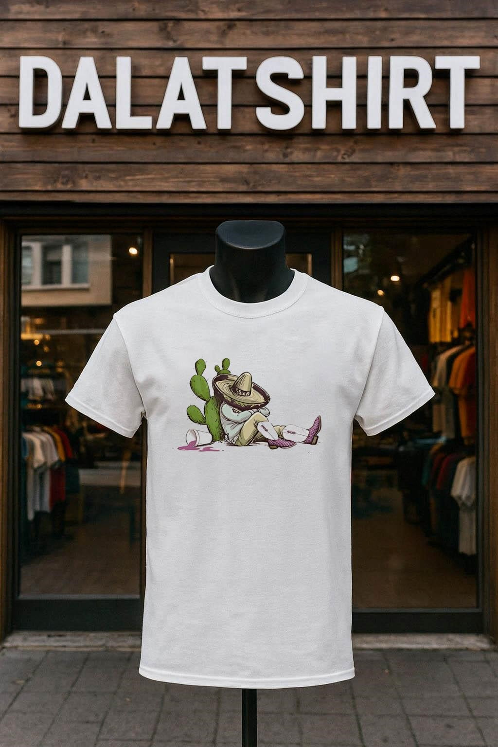 Sleeping Mexican man in sombrero by cactus with drink shirt