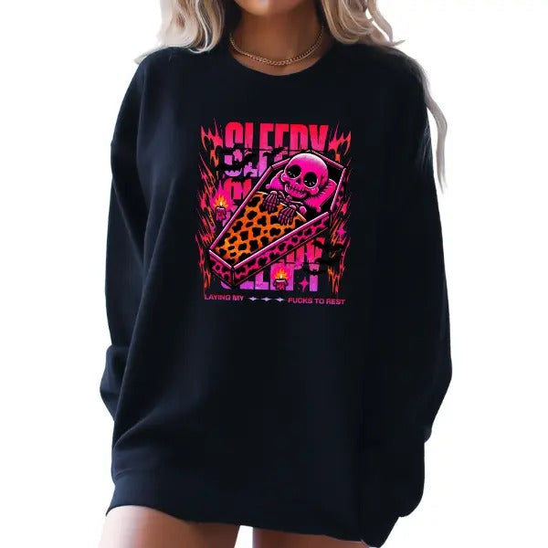 'Sleepy & Resting My F*cks' Crewneck Sweatshirt, T Shirt, or Hoodie Pullover | Punk, Alt, Grunge, Goth, Skeleton Style,...