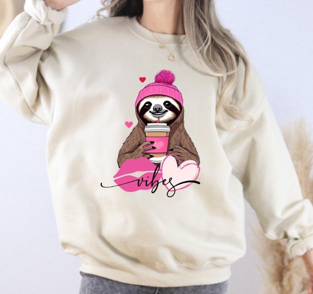 Sloth Vibes Valentines Day Sweatshirt Fabric Fleece-Lined Comfortable Sweater T-Shirts, Hoodie | TeeBloomCo.com