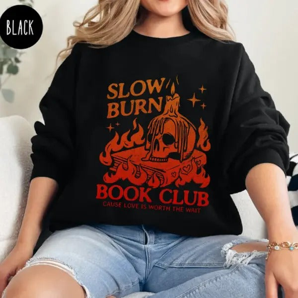 Slow Burn Sweatshirt for Romance Reader Funny Retro Bookish Crewneck for Slow Burn Lover Sweater Book Romance Gift...