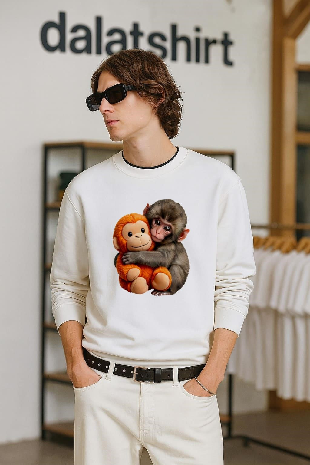 Small Brown Monkey Hugging Orange Stuffed Toy Animal shirt