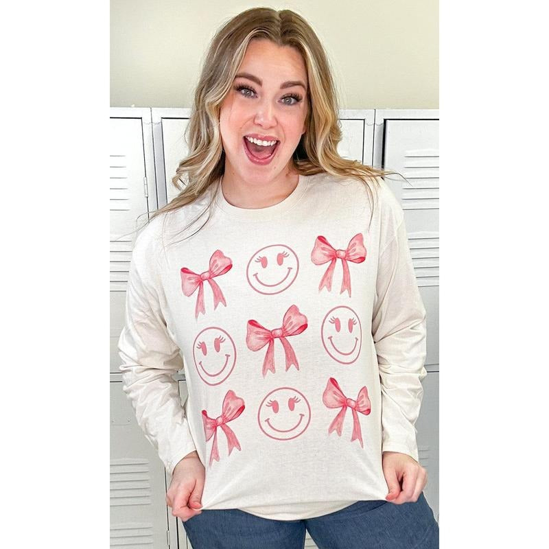 Smiley Bow Long Sleeve Graphic T-Shirt Hoodie, Sweatshirt | TeeBloomCo.com