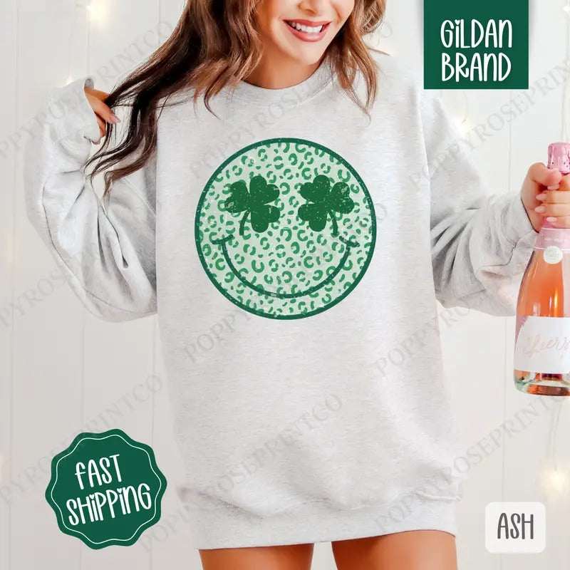 Smiley Face St Patrick Sweatshirt, St Patrick's Day Crewneck, Cute Women's Sweater T-Shirts, Hoodie | TeeBloomCo.com