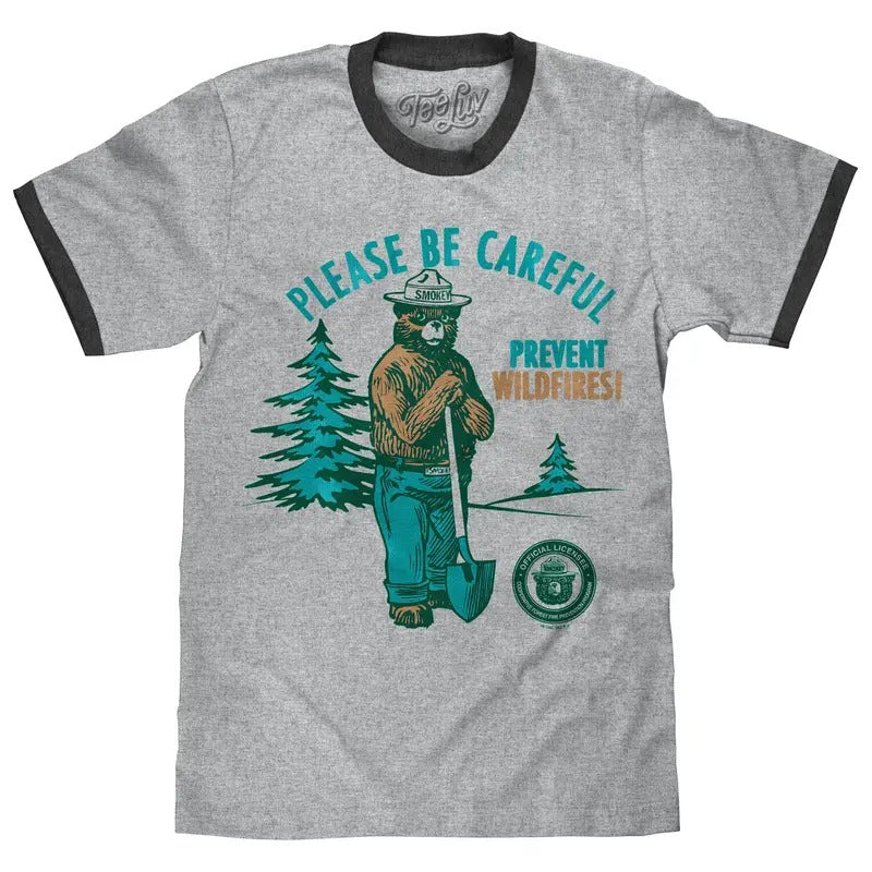 Smokey Bear Please Be Careful Prevent Wildfires Ringer T-Shirt - Gray and Black Hoodie, Sweatshirt | TeeBloomCo.com