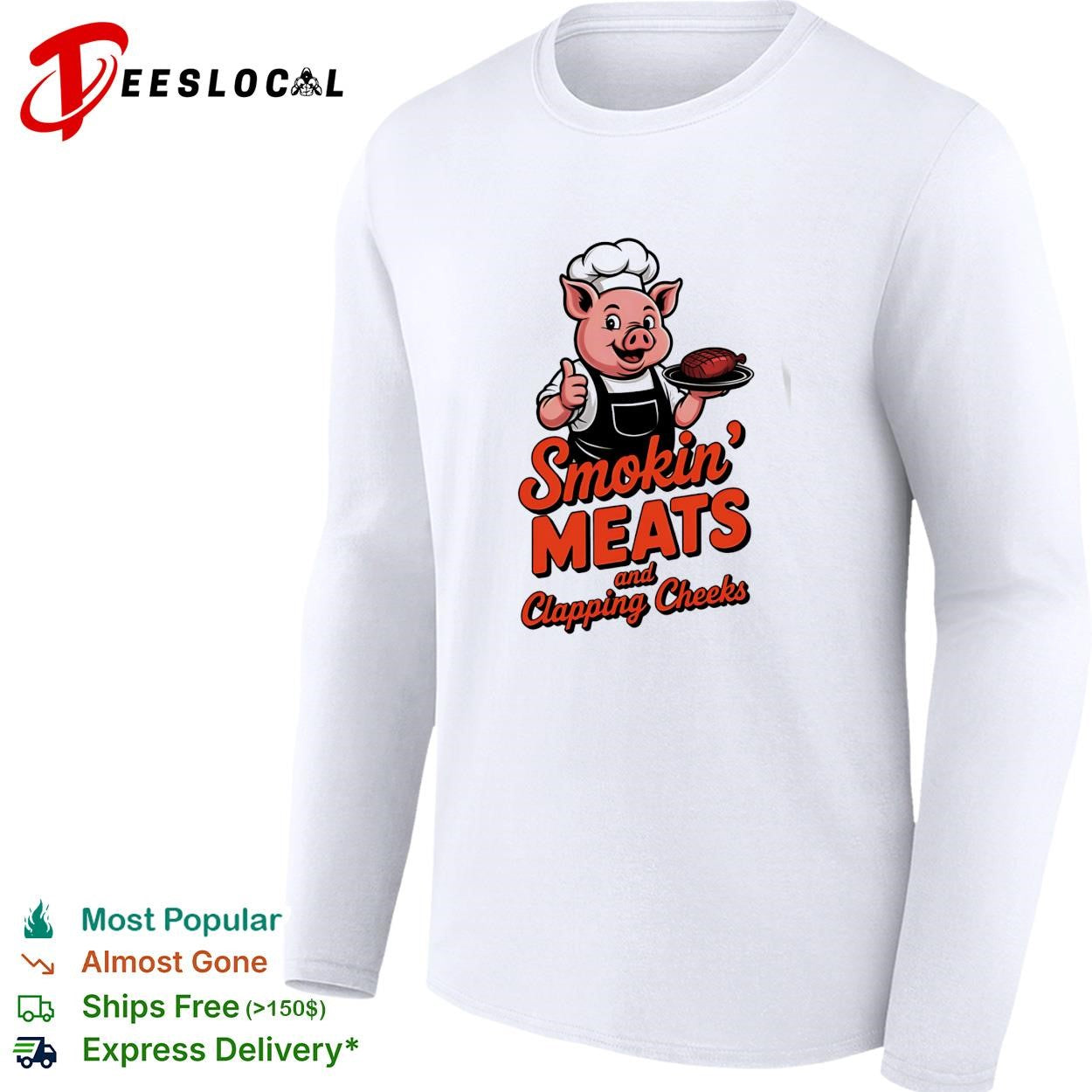 Smokin meats and clapping cheeks pig chef BBQ stacked text logo graphic shirt