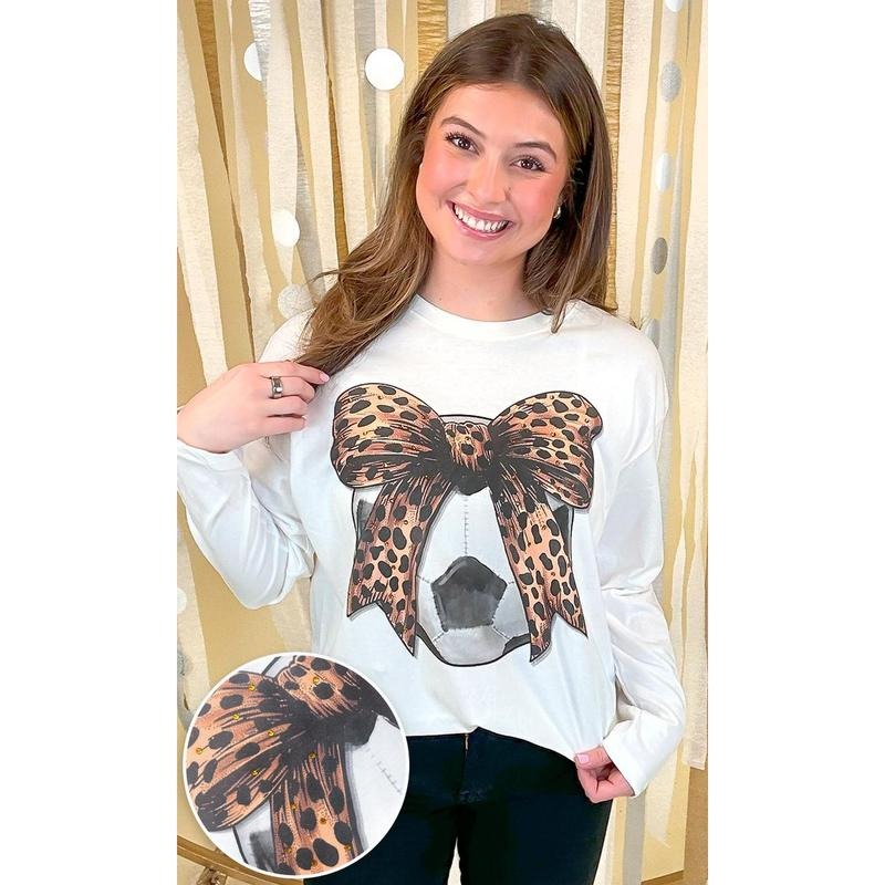 Soccer Cheetah Bow Rhinestone Graphic Long Sleeve Shirt Hoodie, Sweatshirt | TeeBloomCo.com