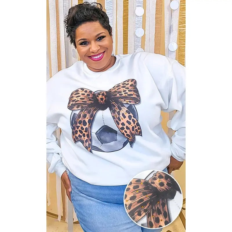 Soccer Cheetah Bow Rhinestone Graphic Sweatshirt T-Shirts, Hoodie | TeeBloomCo.com