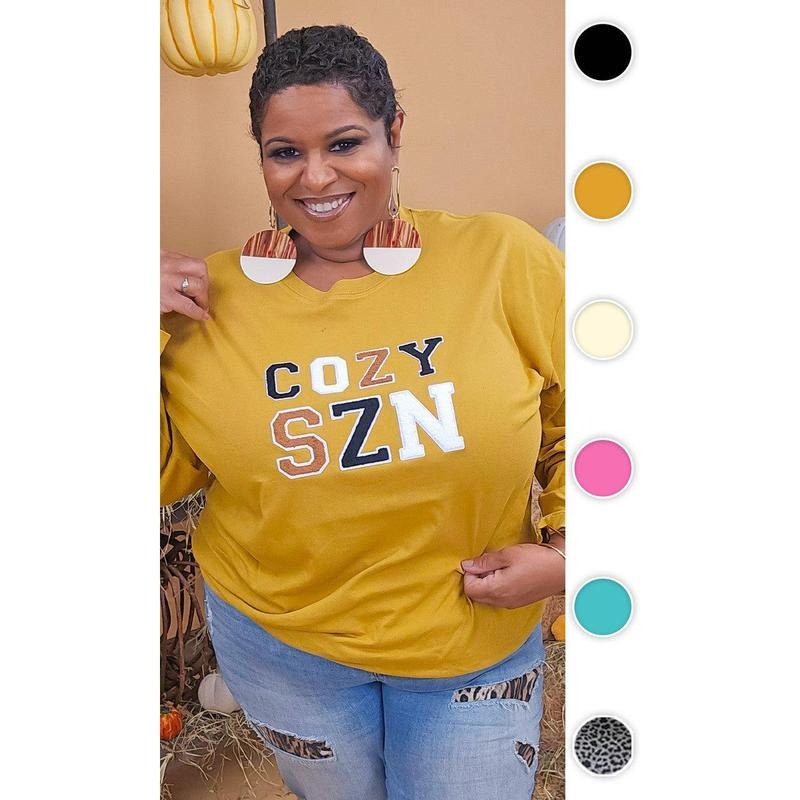 Soft Chenille Cozy SZN Graphic Boyfriend Long Sleeve T-Shirt Hoodie, Sweatshirt | TeeBloomCo.com