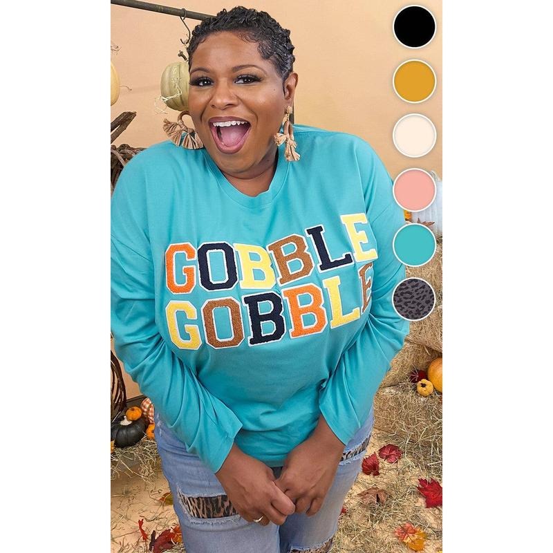 Soft Chenille Gobble Gobble Graphic Boyfriend Long Sleeve T-Shirt Hoodie, Sweatshirt | TeeBloomCo.com