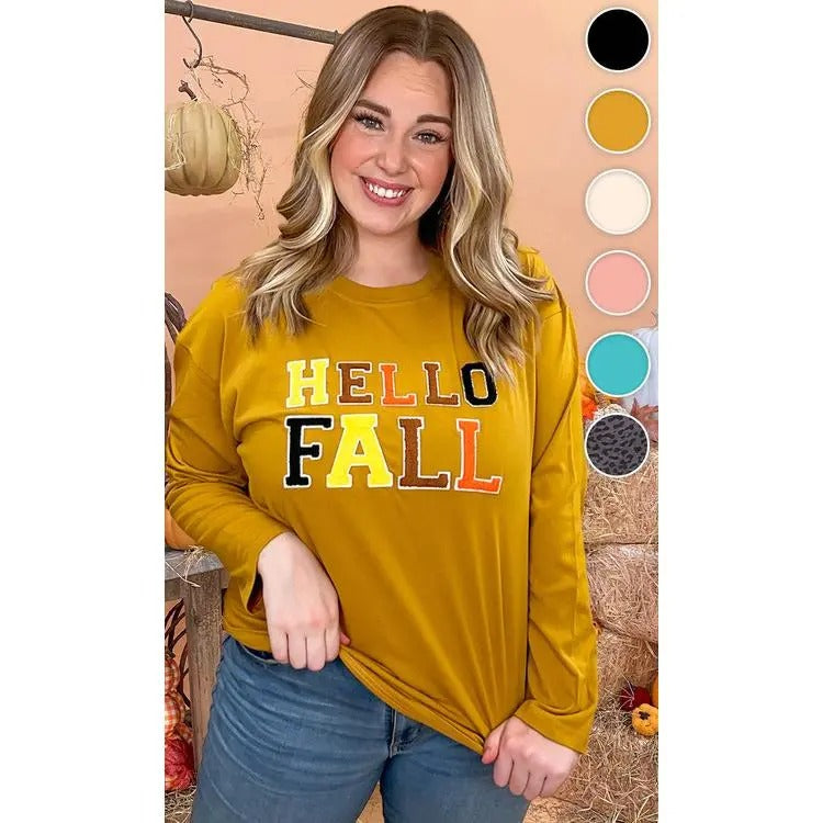 Soft Chenille Hello Fall Graphic Boyfriend Long Sleeve T-Shirt Hoodie, Sweatshirt | TeeBloomCo.com