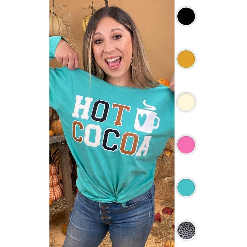 Soft Chenille Hot Cocoa Graphic Boyfriend Long Sleeve T-Shirt Hoodie, Sweatshirt | TeeBloomCo.com
