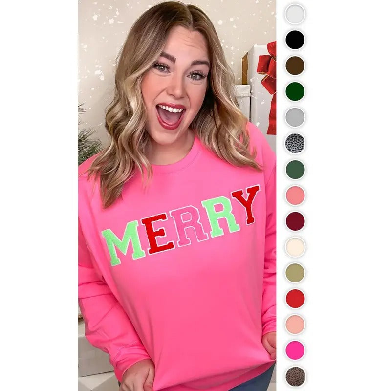 Soft Chenille Merry Graphic Sweatshirt T-Shirts, Hoodie | TeeBloomCo.com