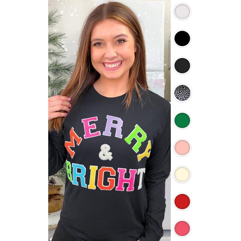 Soft Chenille Merry and Bright Graphic Long Sleeve T-Shirt Hoodie, Sweatshirt | TeeBloomCo.com