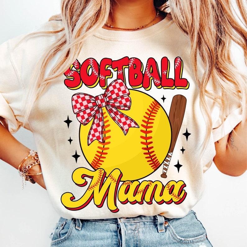 Softball Mama Retro, Game Day Coquette Bow, Stylish Sports T-shirt Hoodie, Sweatshirt | TeeBloomCo.com