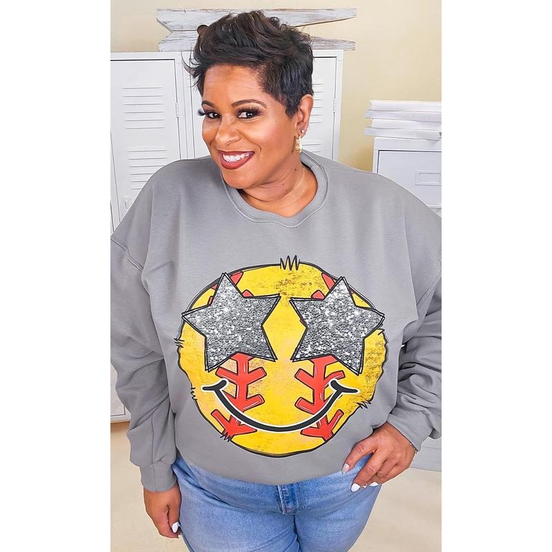 Softball Star Smiley Graphic Sweatshirt - Cozy Game Day Vibes #SoftballSmiley #GameDaySweatshirt #GreyGlow T-Shirts, Hoodie