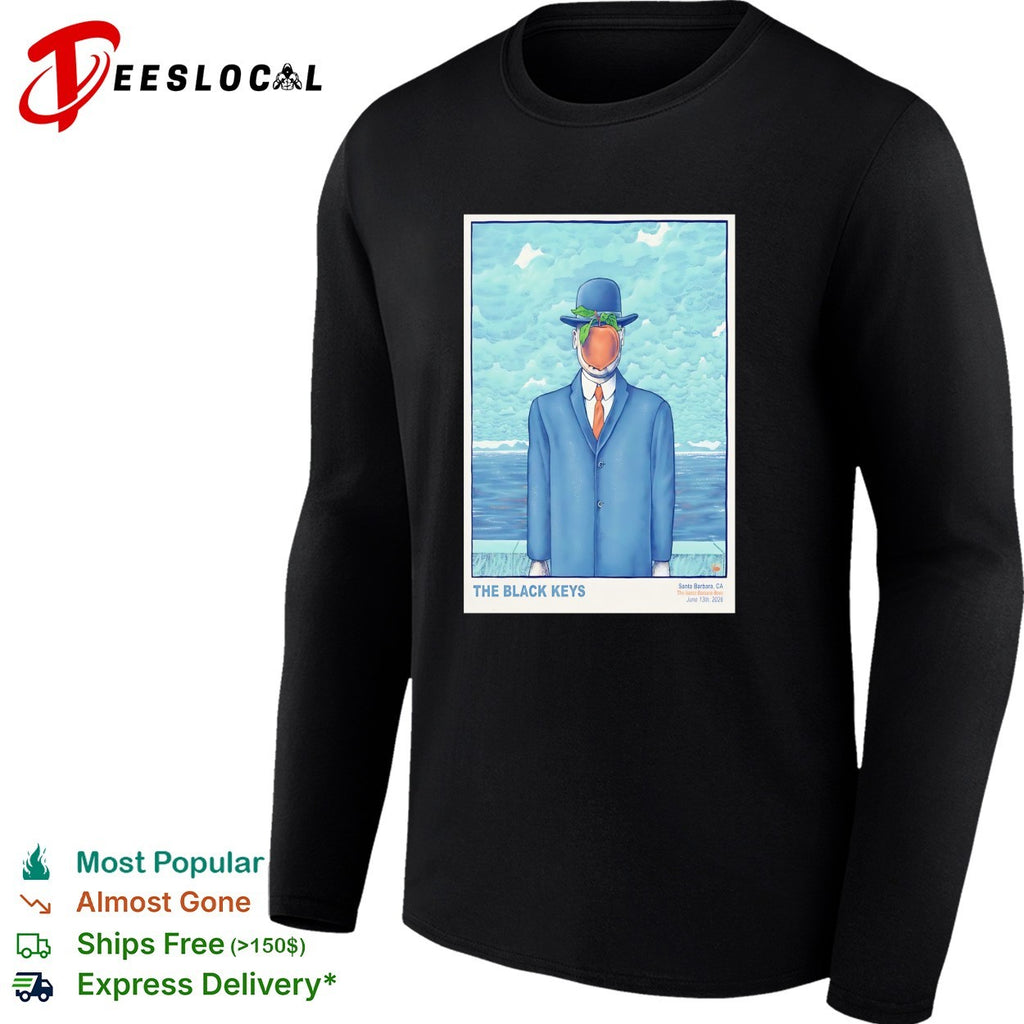 Son of Man surrealist apple face businessman bowler hat ocean concert poster shirt