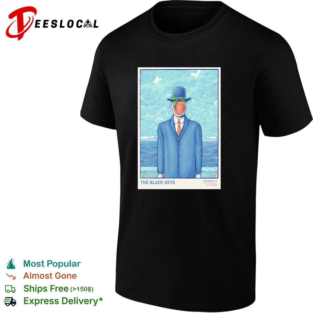 Son of Man surrealist apple face businessman bowler hat ocean concert poster shirt