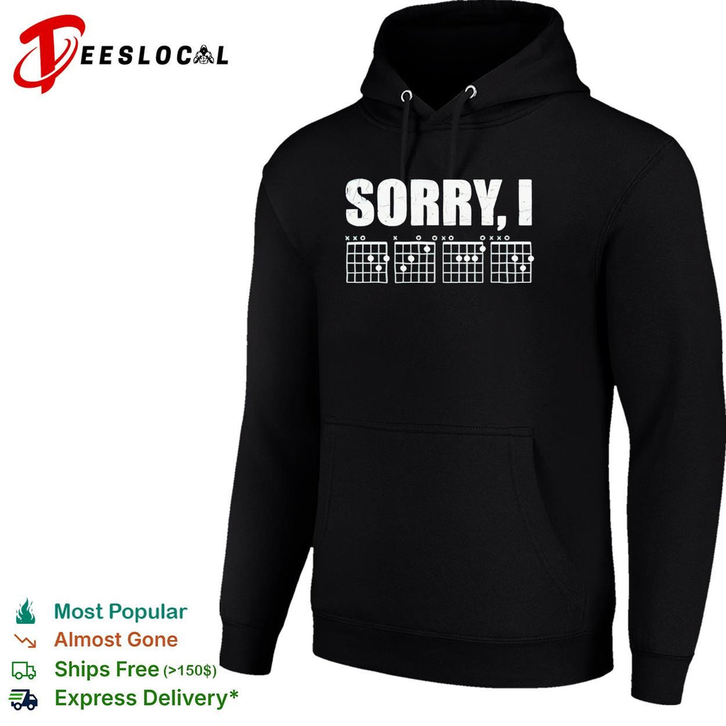 Sorry I distressed bold lettering with guitar chord diagrams band graphic shirt