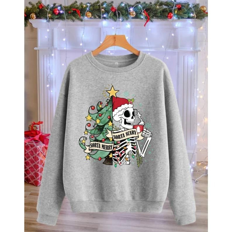 Sorta Merry Sorta Scary Crewneck Sweatshirt, Skeleton Christmas Sweater, Festive Holiday Sweatshirt, Funny Xmas Shirt,...