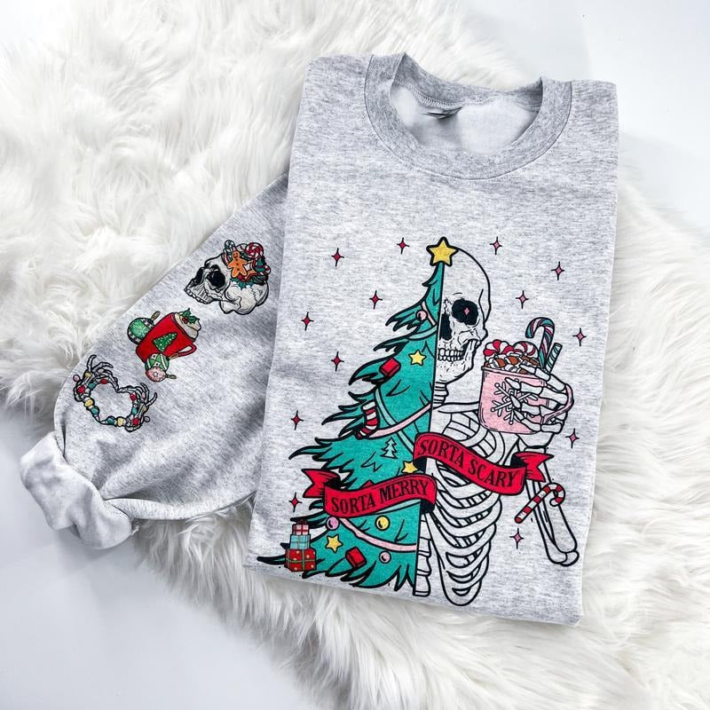 Sorta Merry Sorta Scary Crewneck Sweatshirt, Skeleton Christmas Sweater, Festive Holiday Sweatshirt, Funny Xmas Shirt,...