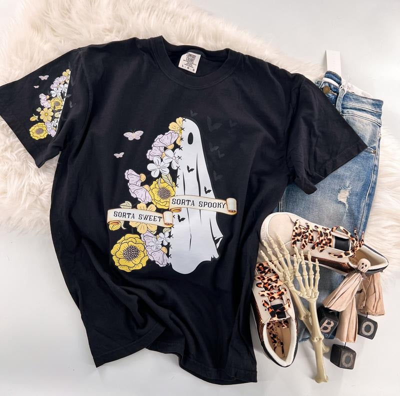 Sorta Sweet Sorta Spooky Halloween Floral Ghost Short Sleeve Graphic Tee Unisex with sleeve print T-Shirt Womenswear...