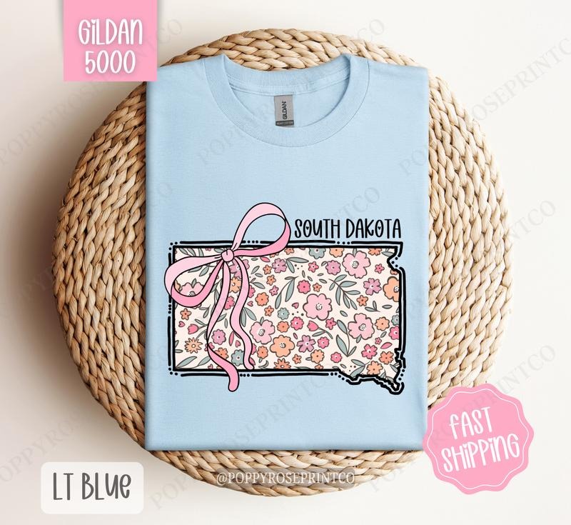 South Dakota Floral Bow Gildan T-shirt, Cute Trendy Tee, State Coquette Oversized Top Hoodie, Sweatshirt | TeeBloomCo.com