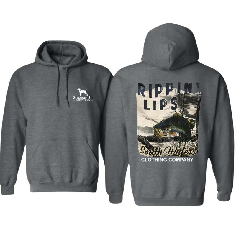 South Waters Fishing Graphic Rippin' Lips Hoodie - Perfect Boyfriend Gift for Men - Menswear, Sweatshirts T-Shirts