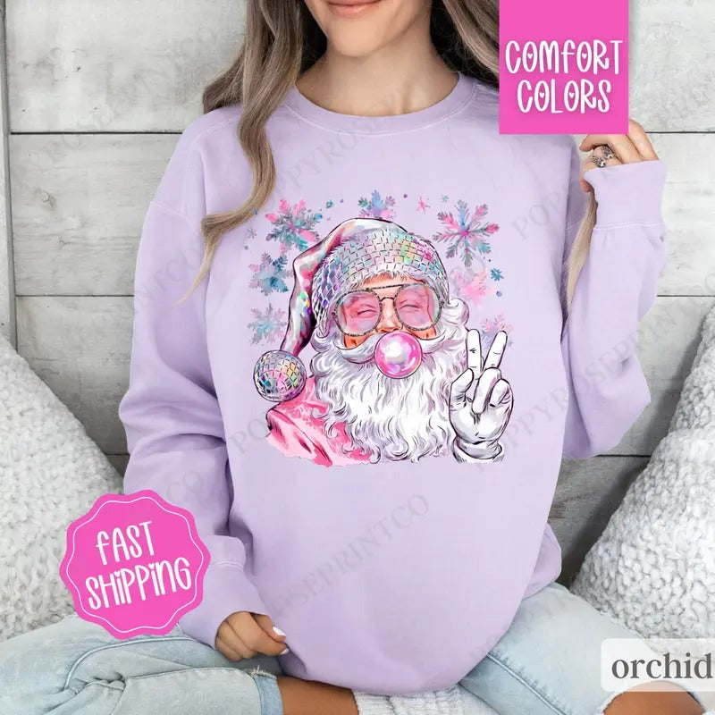 Sparkle Santa Sweatshirt Comfort Colors, Preppy Christmas Sweater,  Womens Holiday Crewneck T-Shirts, Hoodie | TeeBloomCo.com